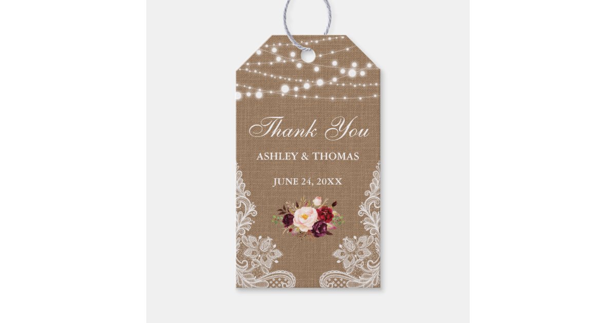 Rustic Wedding Burlap Lace Floral Thank You Gift Tags | Zazzle