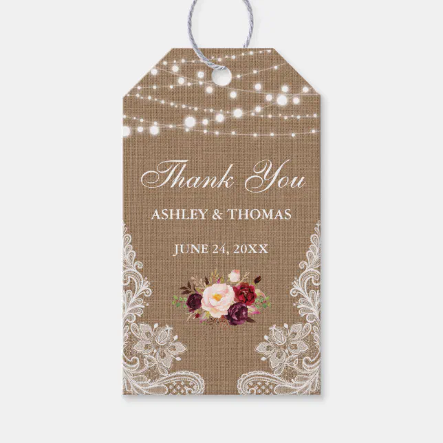 Rustic Wedding Burlap Lace Floral Thank You Gift Tags | Zazzle