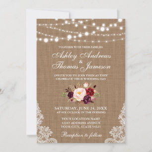 Rustic Wedding Burlap Lace Lights Floral Invite B