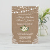 Rustic Wedding Burlap Lace Lights Floral Invite G (Standing Front)