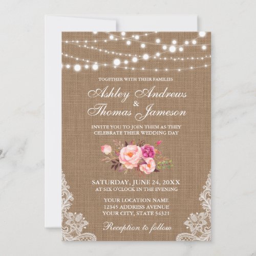 Rustic Wedding Burlap Lace Lights Floral Invite P