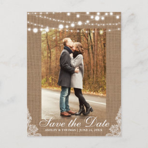Rustic Wedding Burlap Lace Lights Save the Date Announcement Postcard