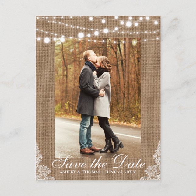 Rustic Wedding Burlap Lace Lights Save the Date Announcement Postcard (Front)