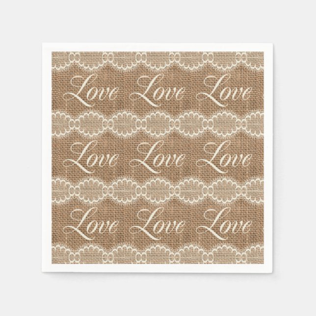 Rustic Wedding Burlap Lace Love Paper Napkins (Front)
