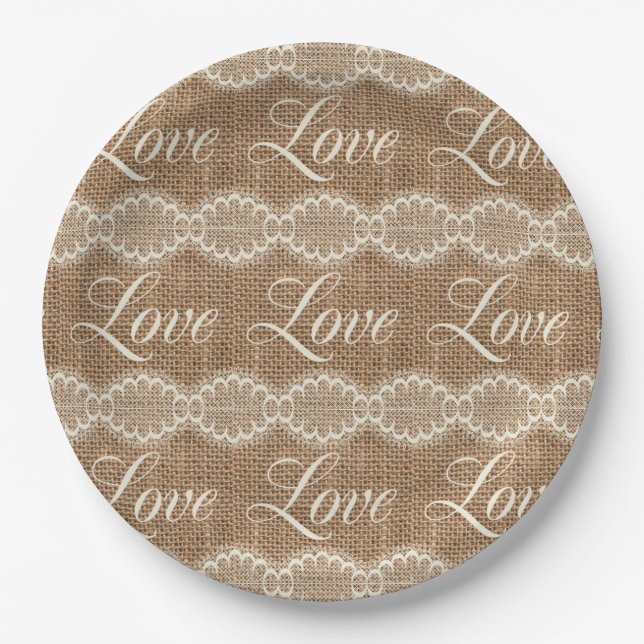 Rustic Wedding Burlap Lace Love Paper Plates (Front)