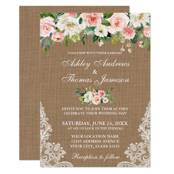 256921333246045602 Rustic Wedding Burlap Lace Pink Floral Invite