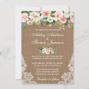 Rustic Wedding Burlap Lace Pink Floral Invite