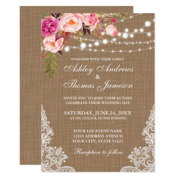 256738448222461123 Rustic Wedding Burlap Lights Floral Lace Invite