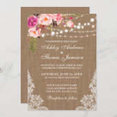 Rustic Wedding Burlap Lights Floral Lace Invite (Front/Back)