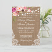 Rustic Wedding Burlap Lights Floral Lace Invite (Standing Front)
