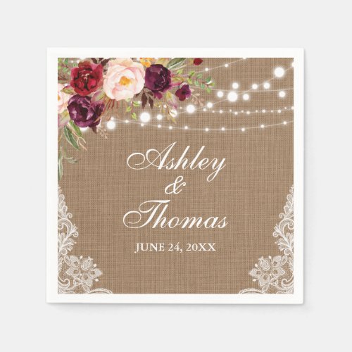 Rustic Wedding Burlap Lights Floral Lace Napkins