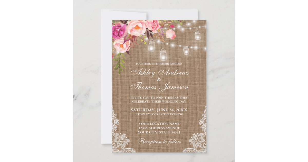 Rustic Wedding Burlap Lights Jars Lace Pink Floral Invitation | Zazzle