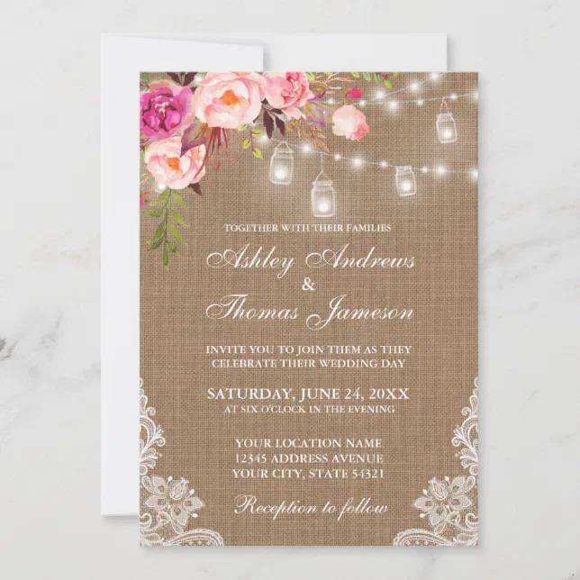 Rustic Wedding Burlap Lights Jars Lace Pink Floral Invitation | Zazzle