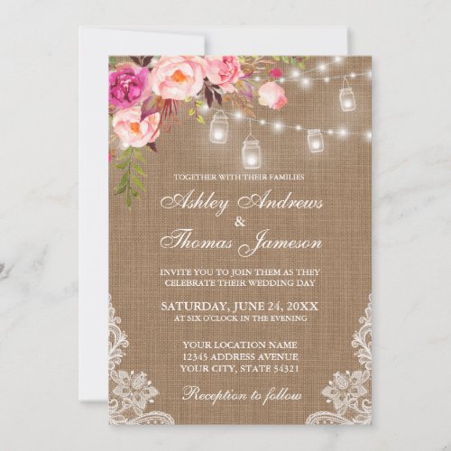 Rustic Wedding Burlap Lights Jars Lace Pink Floral Invitation