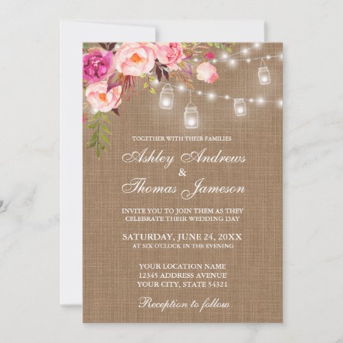 Rustic Wedding Burlap Lights Jars Pink Floral Invitation