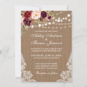 Rustic Wedding Burlap Lights Lace Floral Invite