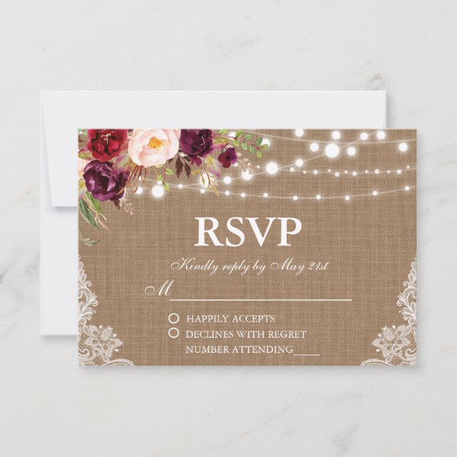 Rustic Wedding Burlap Lights Lace Floral RSVP Card (Front)