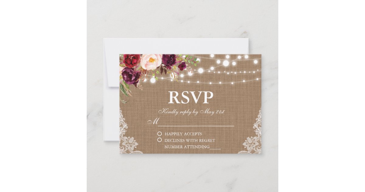 Rustic Wedding Burlap Lights Lace Floral RSVP Card | Zazzle