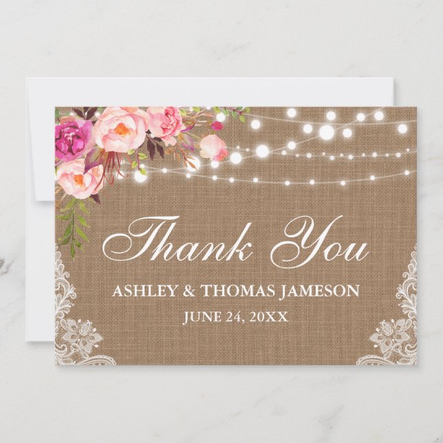 Rustic Wedding Burlap Lights Lace Floral Thanks Thank You Card (Front)