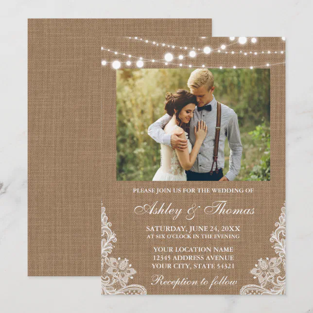 Rustic Wedding Burlap Lights Lace Photo Invitation | Zazzle