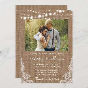 Rustic Wedding Burlap Lights Lace Photo Invitation