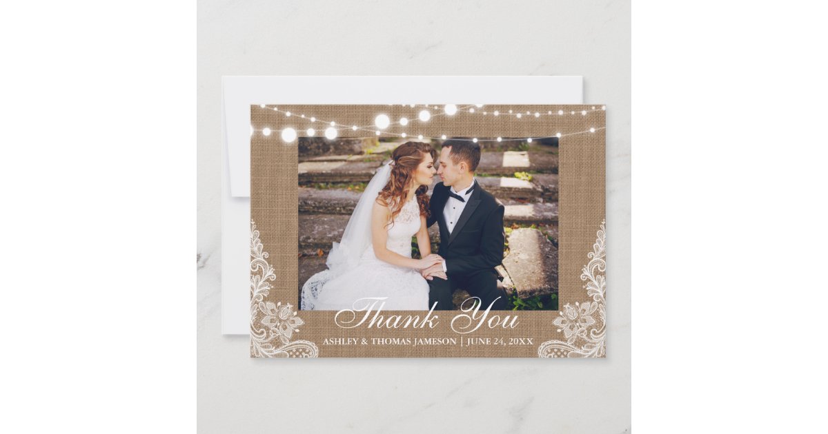 Rustic Wedding Burlap Lights Lace Photo Thank You Card | Zazzle