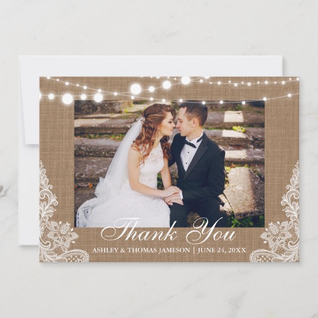 Rustic Wedding Burlap Lights Lace Photo Thank You Card (Front)