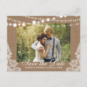 Rustic Wedding Burlap Lights Lace Save the Date Announcement Postcard