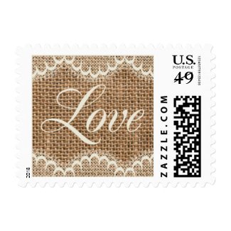 Rustic Wedding Burlap Love Postage Stamps at UniqueRusticWeddingInvitations.com