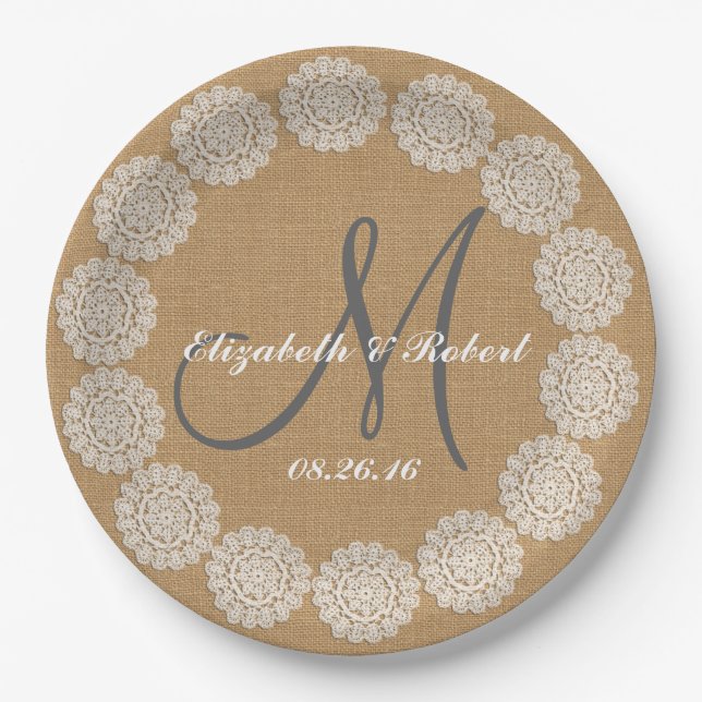 Rustic Wedding Burlap Monogram Names Lace Paper Plates (Front)