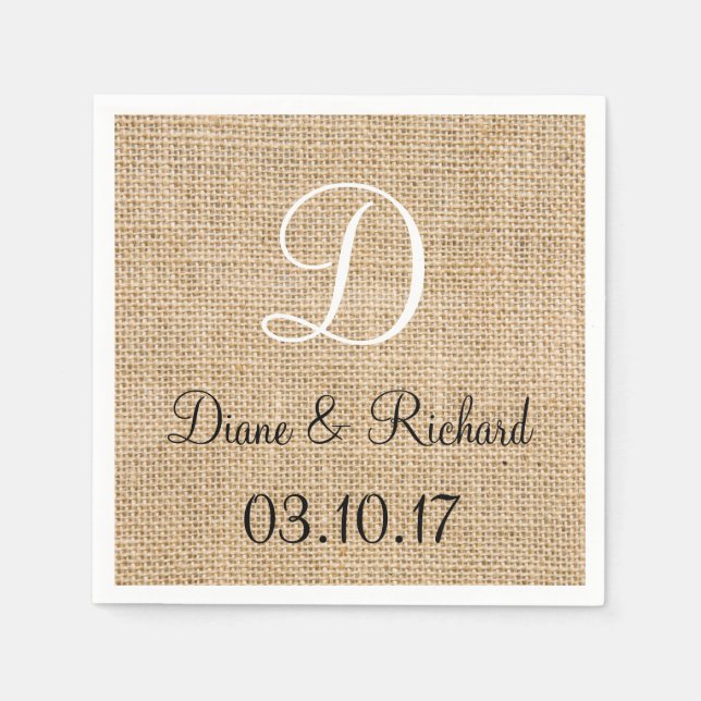 Rustic Wedding Burlap Name Date Monogram Paper Napkins (Front)
