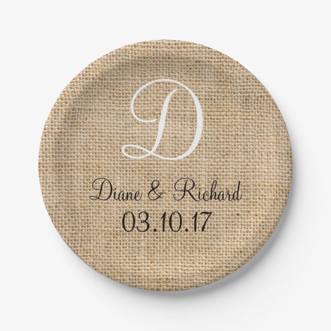Rustic Wedding Burlap Name Date Monogram Paper Plates (Front)