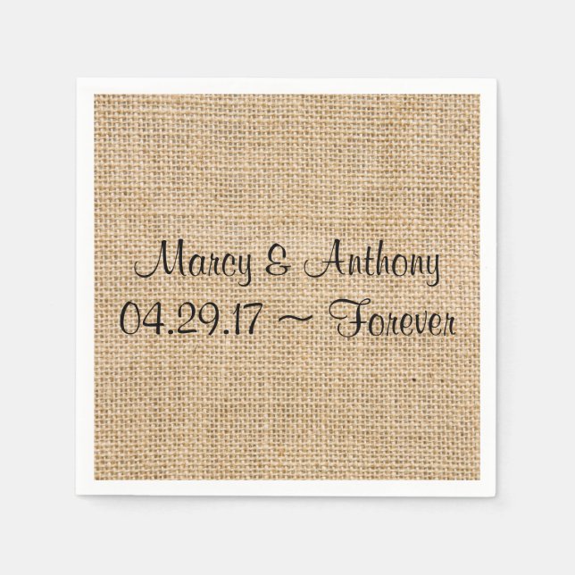 Rustic Wedding Burlap Personalized Names Date Napkins (Front)