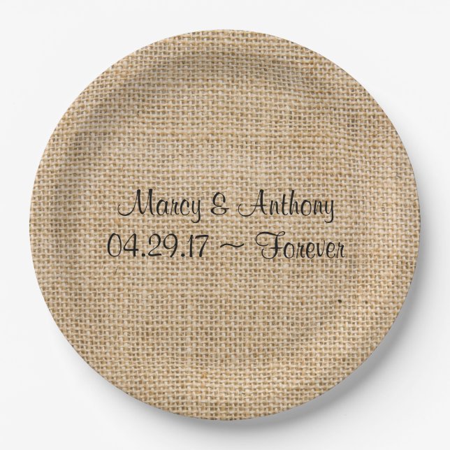 Rustic Wedding Burlap Personalized Names Date Paper Plates (Front)