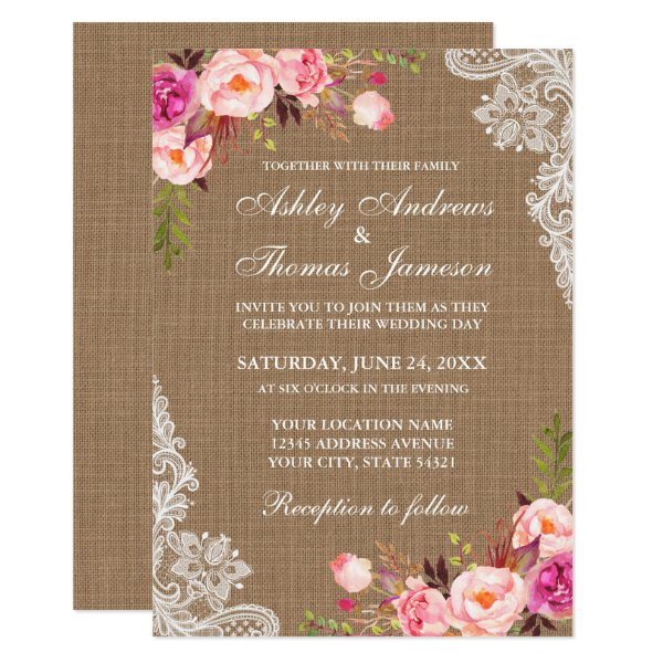 256857832745289148 Rustic Wedding Burlap Pink Floral Lace Invite