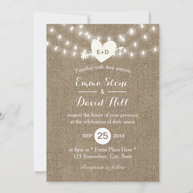 Rustic Wedding Burlap String Lights Arrow & Heart Invitation | Zazzle