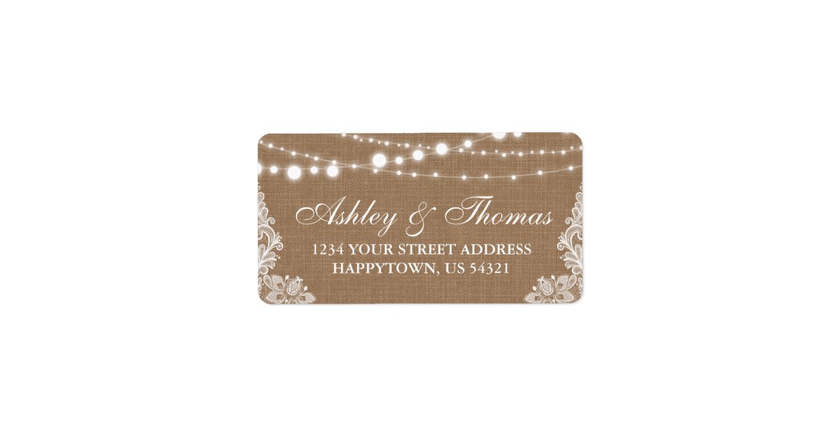 Rustic Wedding Burlap String Lights Lace Address Label | Zazzle