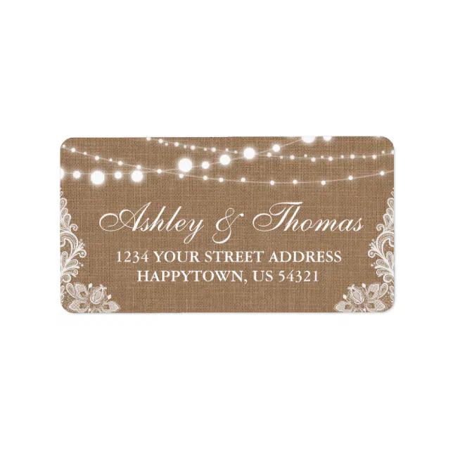 Rustic Wedding Burlap String Lights Lace Address Label | Zazzle
