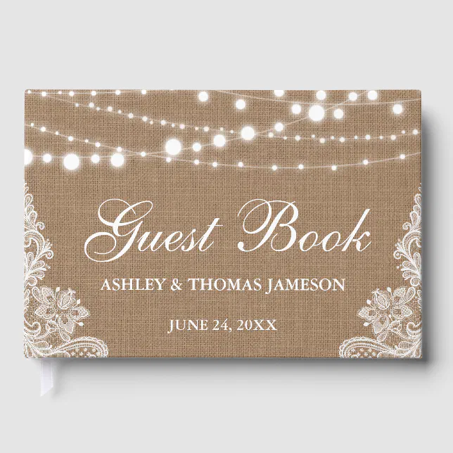Rustic Wedding Burlap String Lights Lace Guest Book | Zazzle