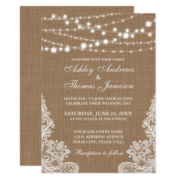 256426491072132342 Rustic Wedding Burlap String Lights Lace Invite