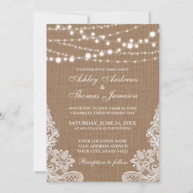 Rustic Wedding Burlap String Lights Lace Invite | Zazzle