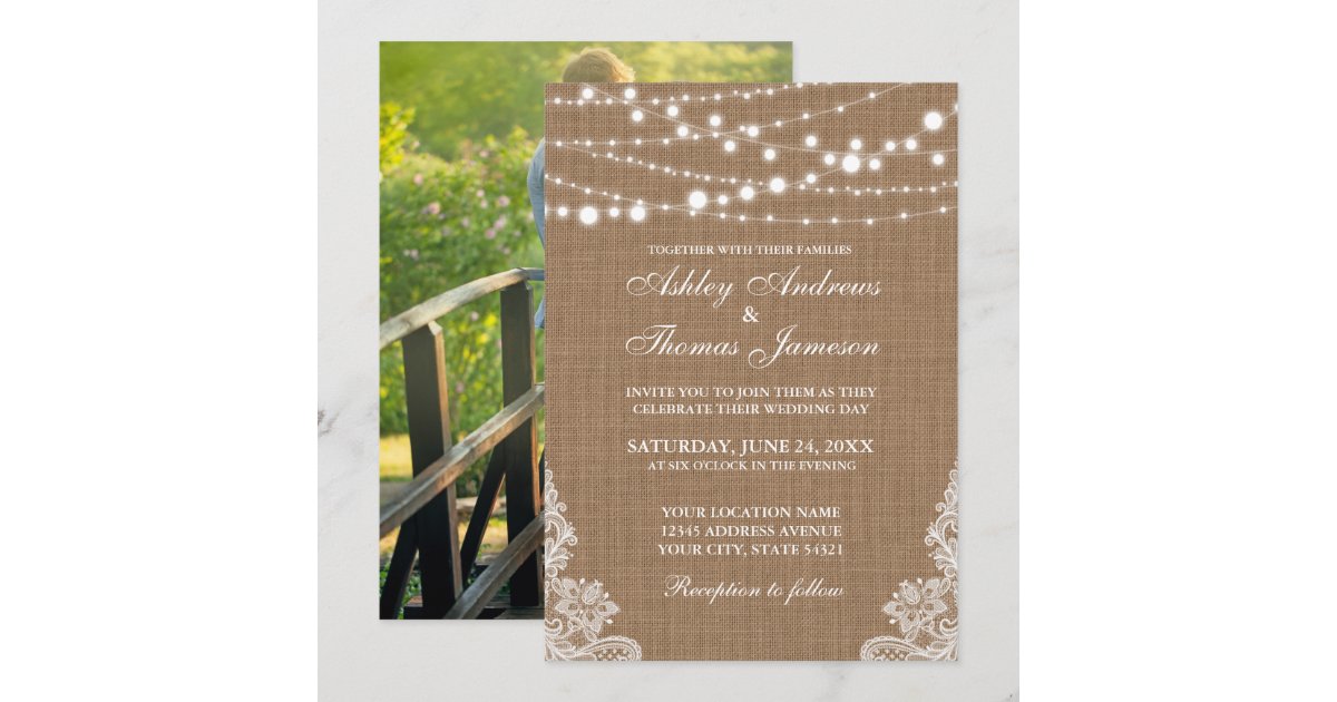 Rustic Wedding Burlap String Lights Lace Invite P | Zazzle