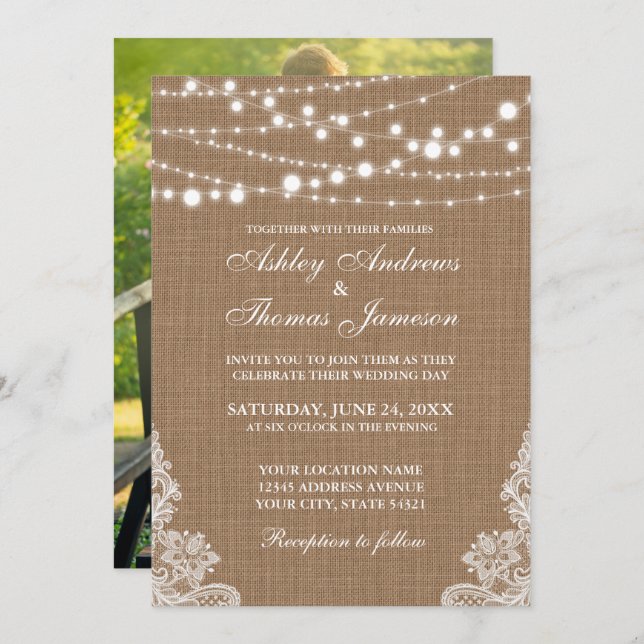 Rustic Wedding Burlap String Lights Lace Invite P (Front/Back)