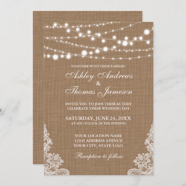 Rustic Wedding Burlap String Lights Lace Invite PB (Front/Back)