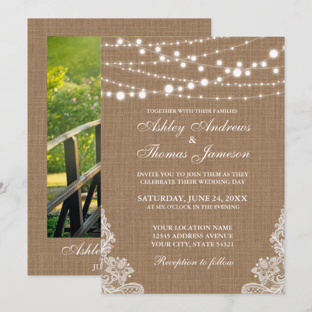 Rustic Wedding Burlap String Lights Lace Invite PB | Zazzle