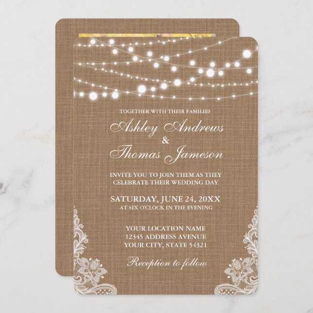Rustic Wedding Burlap String Lights Lace Invite PR (Front/Back)