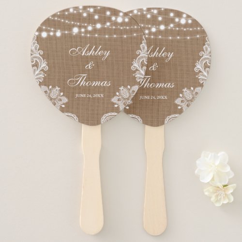 Rustic Wedding Burlap String Lights Lace Paddle Hand Fan