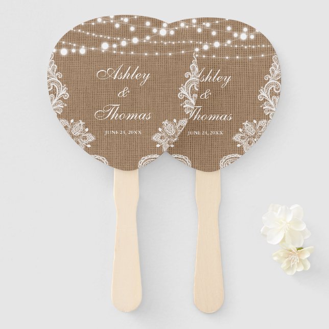 Rustic Wedding Burlap String Lights Lace Paddle Hand Fan (Front and Back)