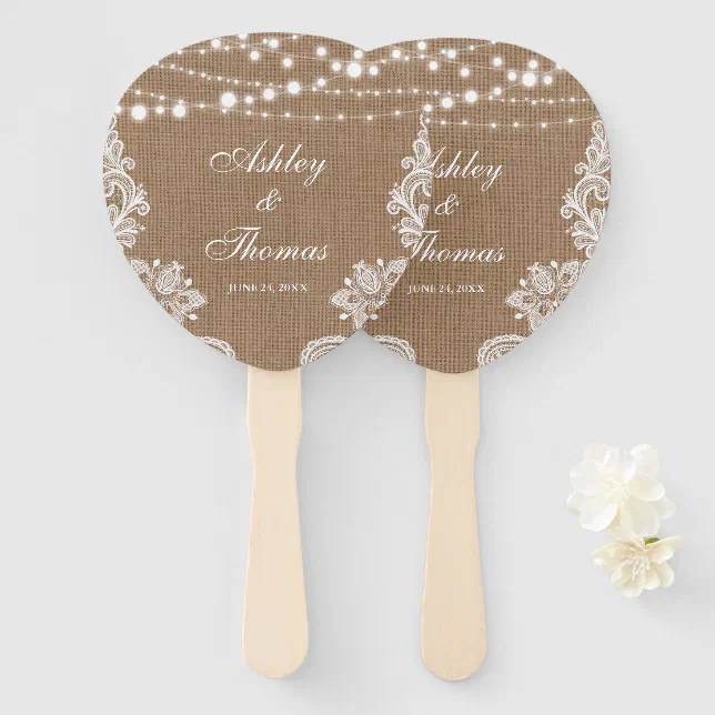 Rustic Wedding Burlap String Lights Lace Paddle Hand Fan | Zazzle