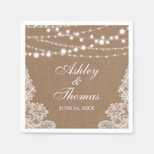 Rustic Wedding Burlap String Lights Lace Paper Napkins (Front)